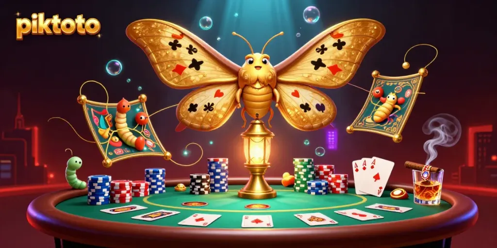 Engage with piktoto's stunning digital casino scene featuring vibrant poker elements and a majestic moth.