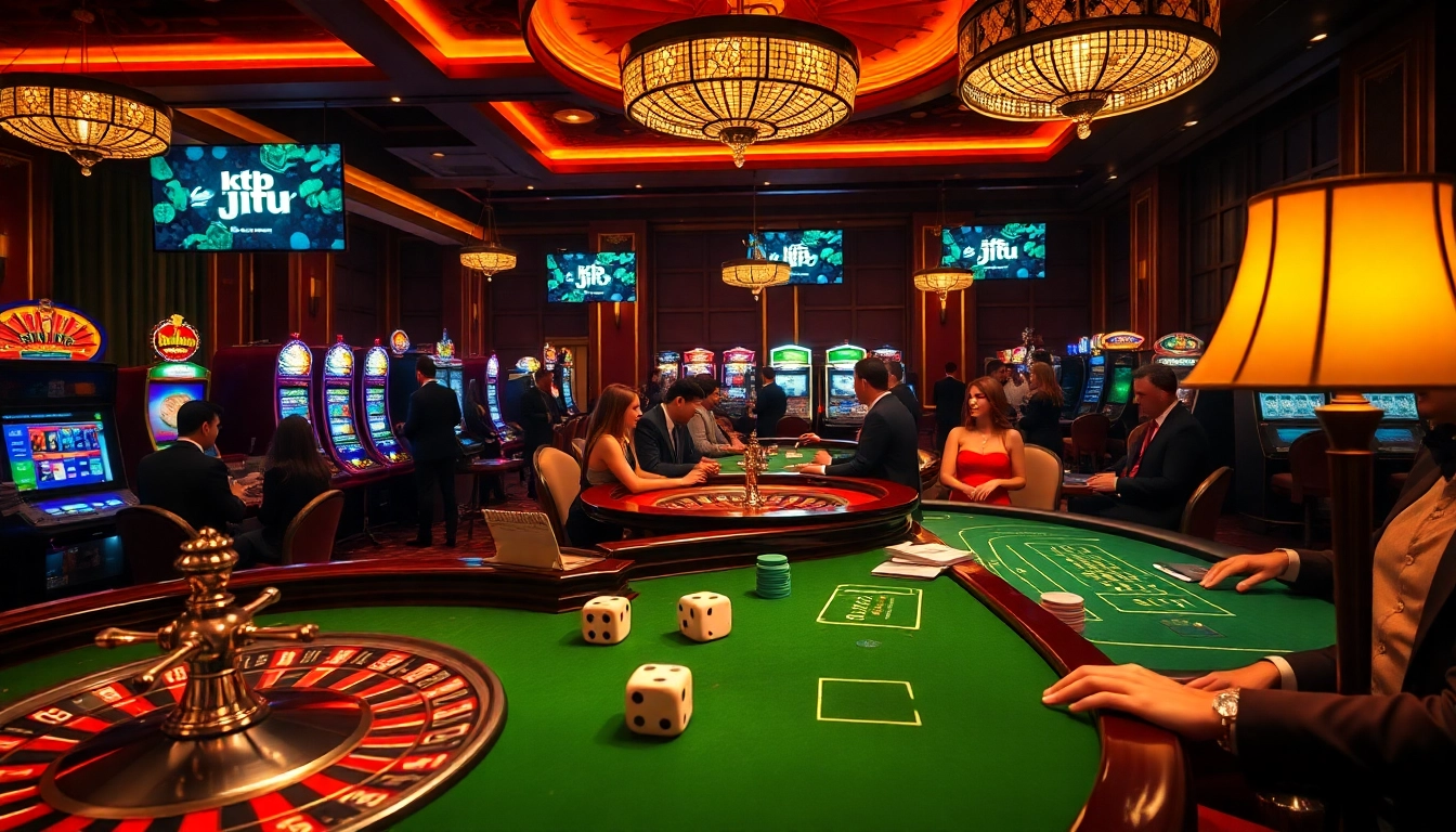 Engaging scene of gambling excitement at a casino with "ktp jitu" prominently featured in digital displays.