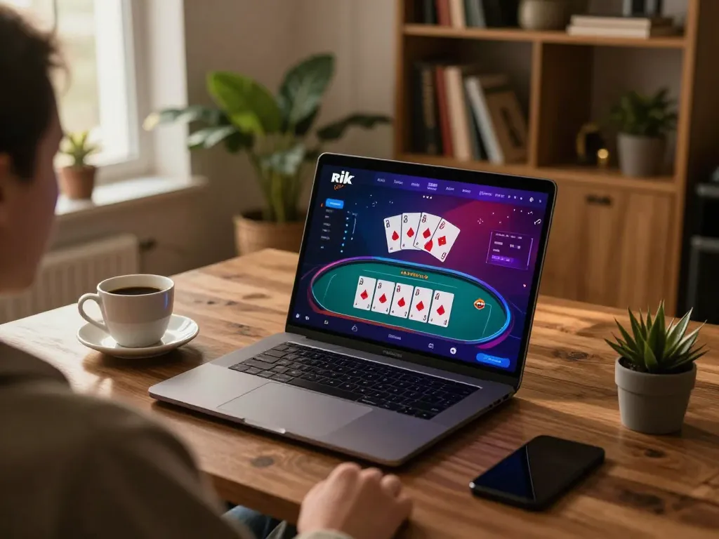 Player engaging with the rik gaming app on a laptop, showcasing strategic online poker gameplay.