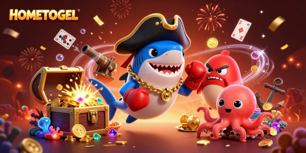 Engage with HOMETOGEL's vibrant underwater casino adventure featuring a pirate shark and playful characters.