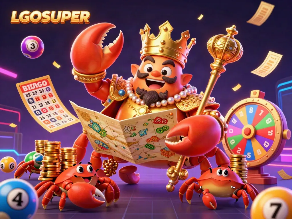 Engage with LGOSUPER's vibrant 3D casino-themed illustration, showcasing lottery excitement and gaming complexities.