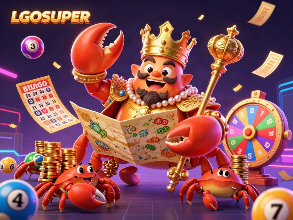 Engage with LGOSUPER's vibrant 3D casino-themed illustration, showcasing lottery excitement and gaming complexities.
