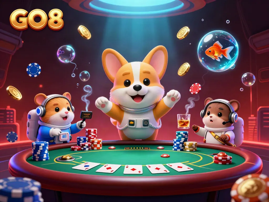Experience the excitement of GO 8 with a vibrant casino scene featuring a floating astronaut corgi and dynamic poker elements.