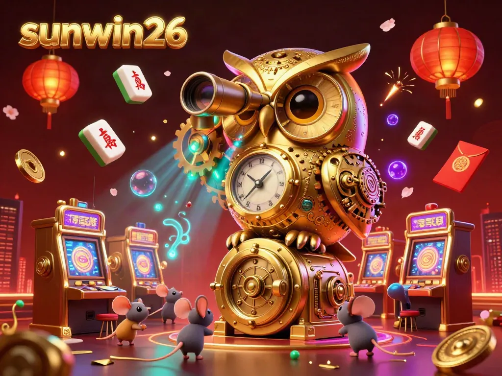Experience the vibrant casino atmosphere with sunwin26, featuring a golden owl and tiny patrons amidst spinning jade coins and fireworks.