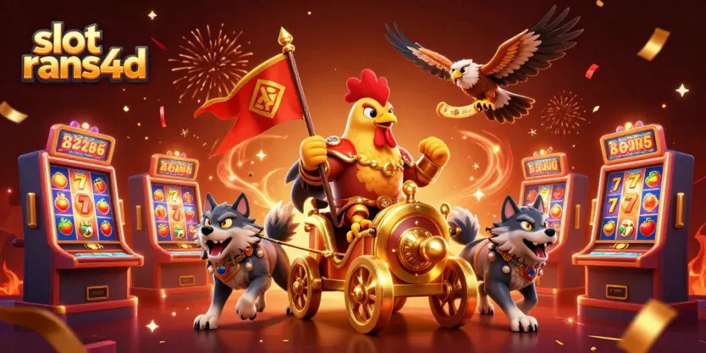 Permainan slot rans4d dengan ayam jantan berseragam dan simbol buah berwarna-warni, menampilkan kekayaan pengalaman bermain.