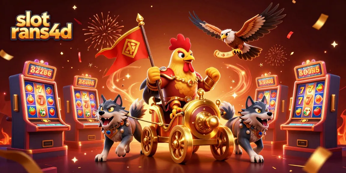 Permainan slot rans4d dengan ayam jantan berseragam dan simbol buah berwarna-warni, menampilkan kekayaan pengalaman bermain.