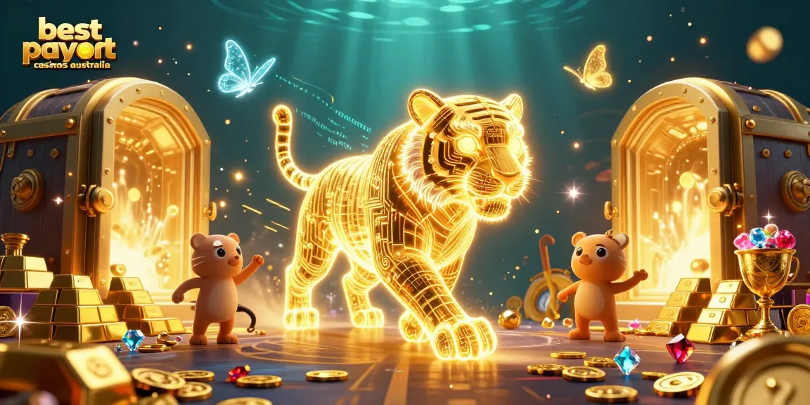 Witness the best payout casinos Australia in a vibrant scene featuring a golden tiger and holographic butterflies.