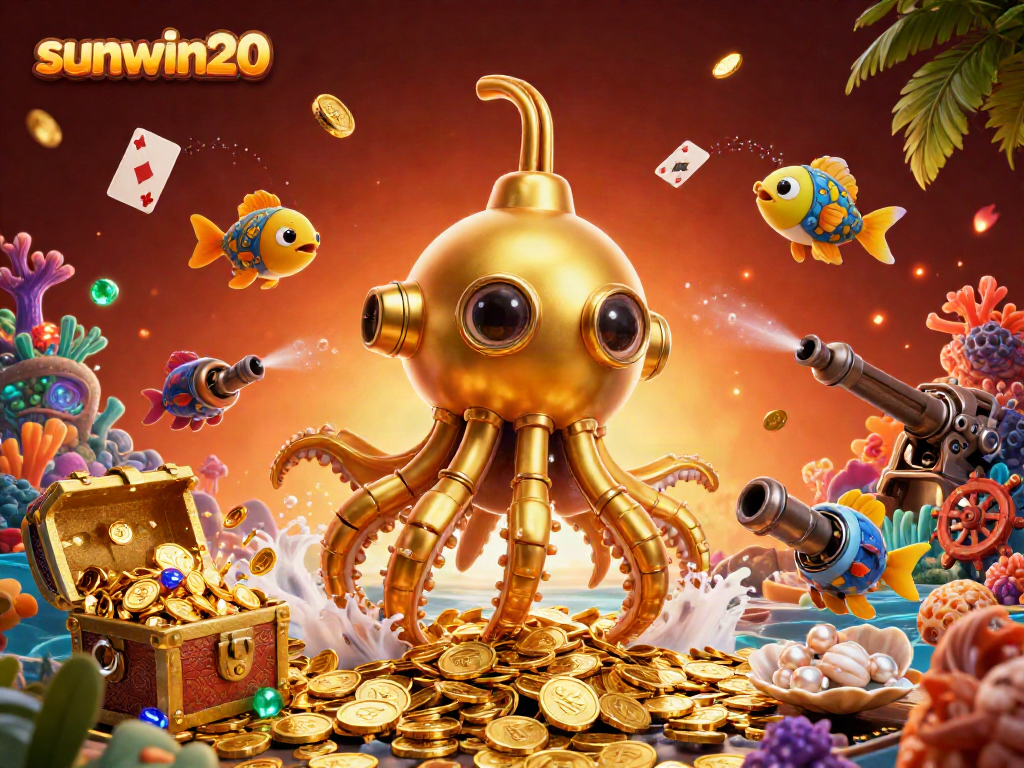 Experience thrilling action at sunwin20 with a golden kraken submarine exploring a sea of treasures.
