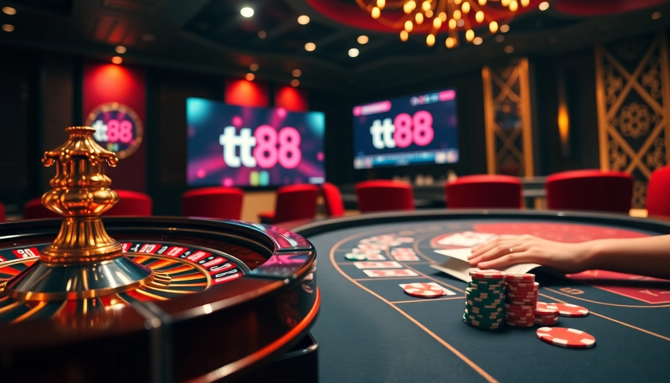 Engaging casino scene with poker chips and the trang chủ tt88 logo, highlighting excitement and professionalism.