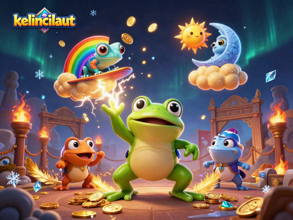 Play and win with kelincilaut in a vibrant storm of golden coins and magical casino elements.