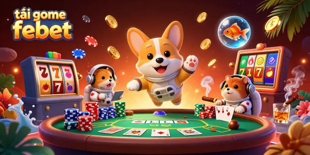 Experience the thrills of tải game febet in this immersive 3D casino scene with animated characters and vivid game elements.