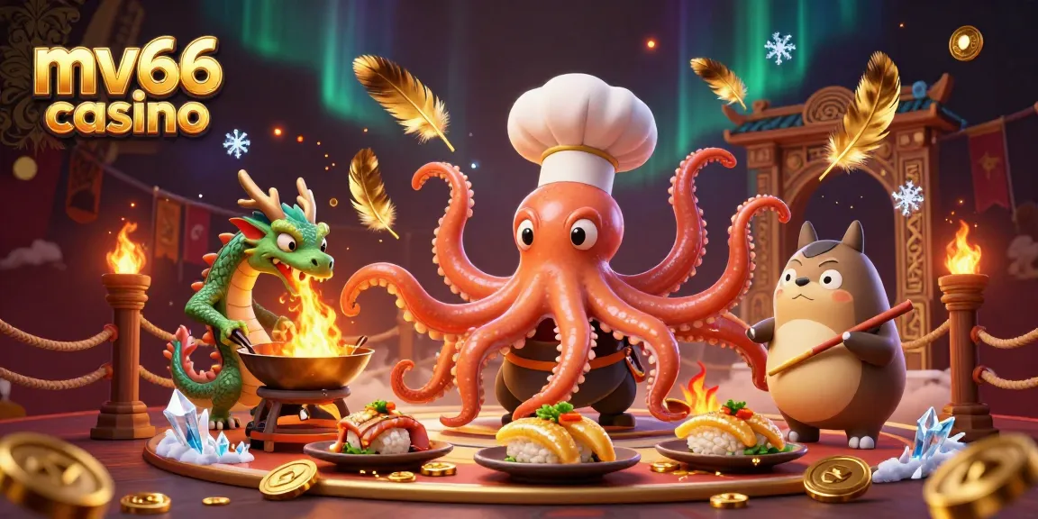 Exciting mv66 casino illustration featuring unique characters preparing gourmet dishes and gaming elements.