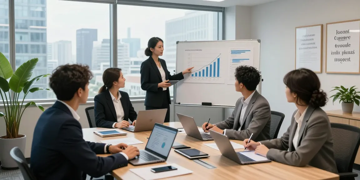 Tim profesional dalam rapat strategi, membahas analisis SGA33 dengan data visual di papan tulis.