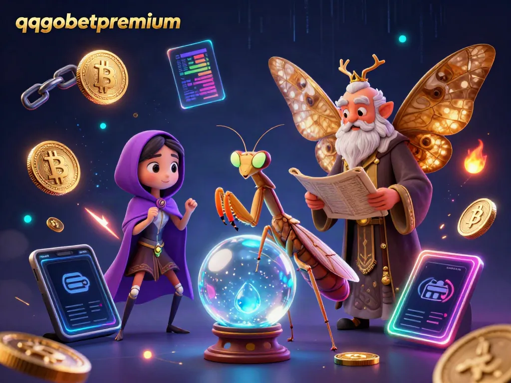 Play games with qqgobetpremium, featuring vibrant characters and crypto elements in a mystical casino atmosphere