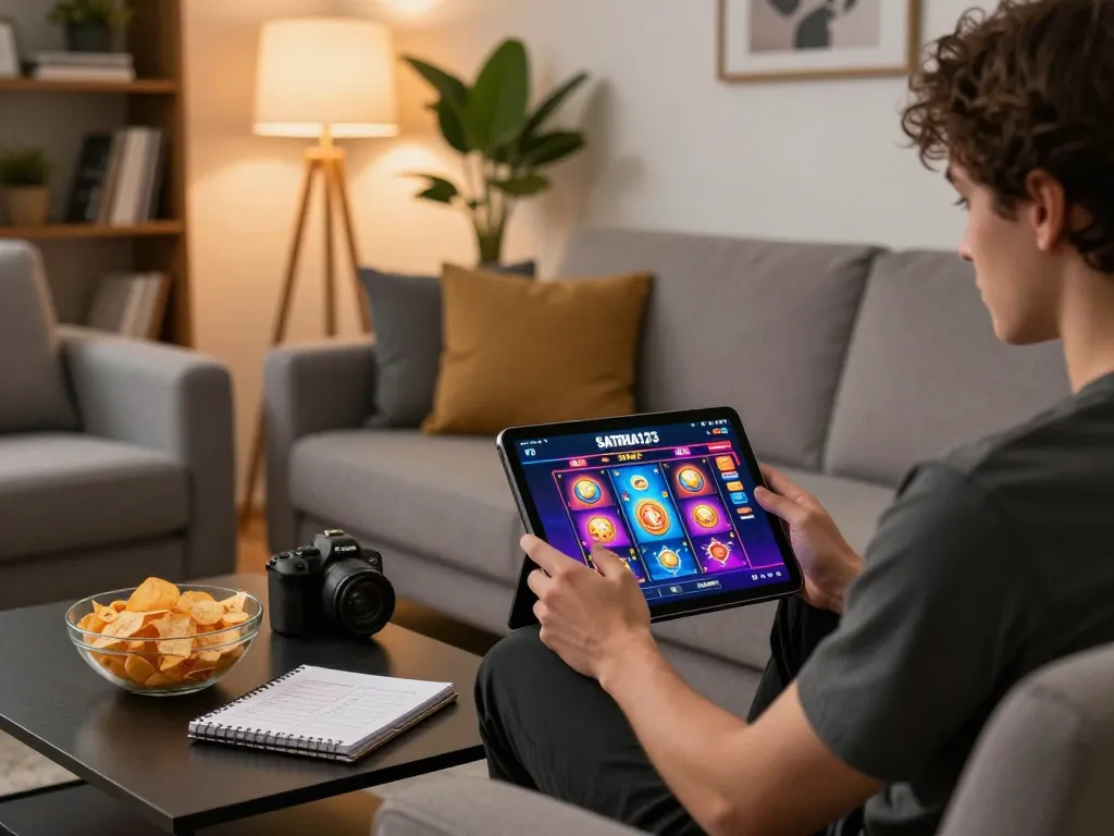 SATRIA123 player engaging with online slot games at a cozy home setup, showcasing responsible gaming practices.