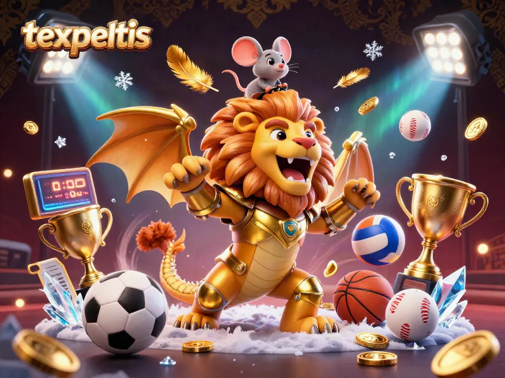 texpertis showcases a vibrant 3D scene of a chimera celebrating a sports betting victory, surrounded by dynamic game elements.