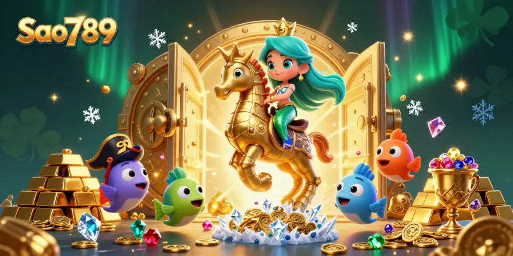 Sao789 showcases an enchanting underwater casino theme with vibrant colors and dynamic characters.