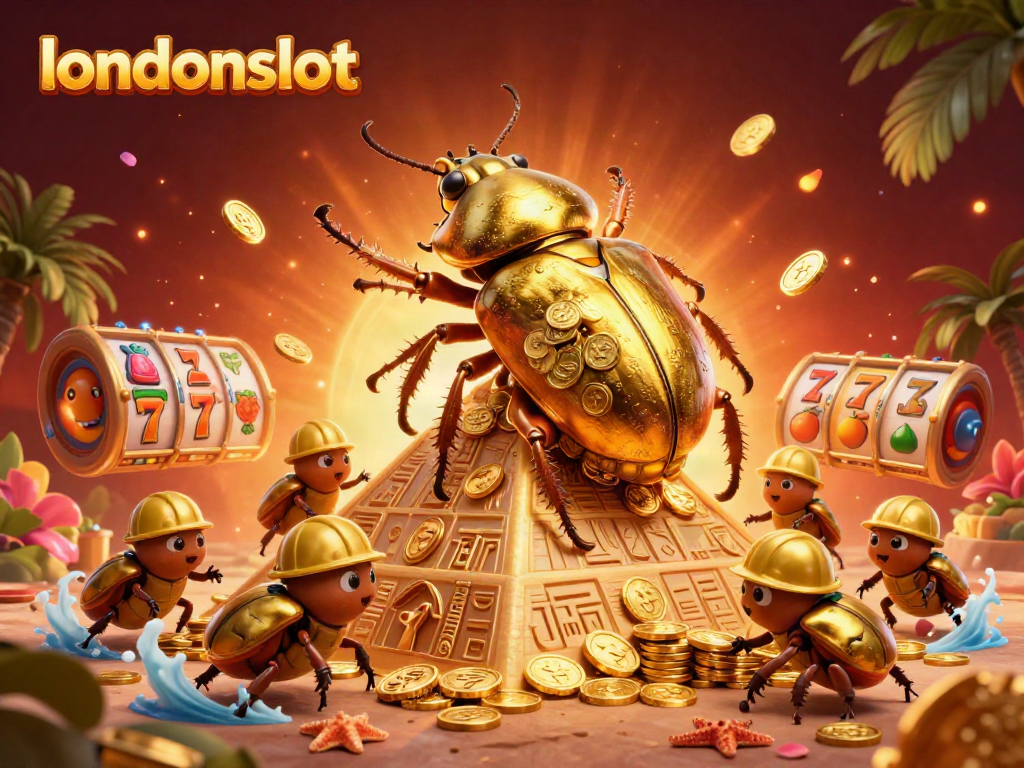 Engage with londonslot's thrilling slots experience as golden beetles build fortune amidst vibrant casino symbols.