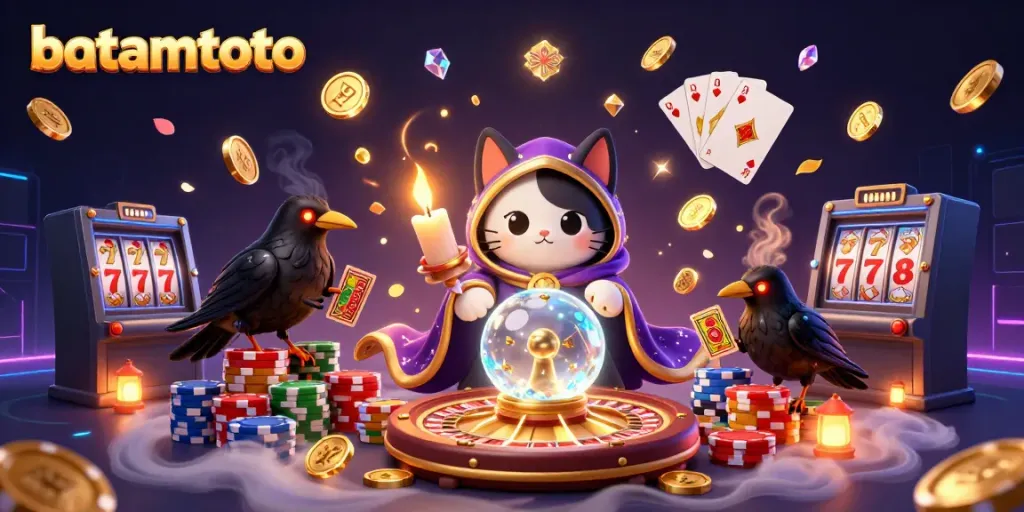 Spin to win with batamtoto, capturing the excitement of an immersive casino experience with mystical characters.