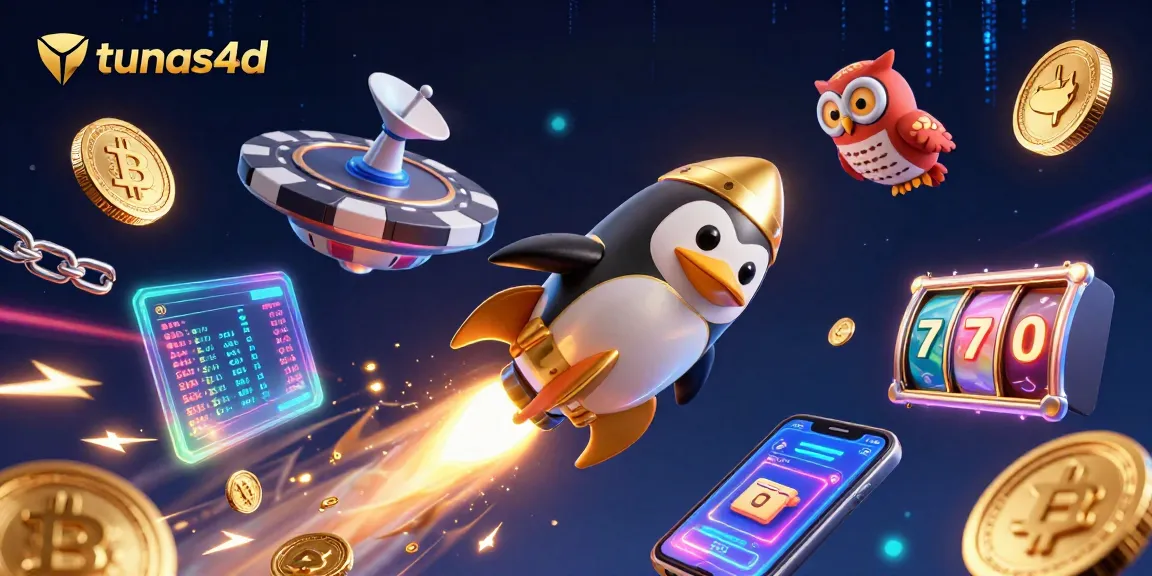 Engage in thrilling slots at tunas4d with a vibrant 3D penguin and cryptocurrency elements.
