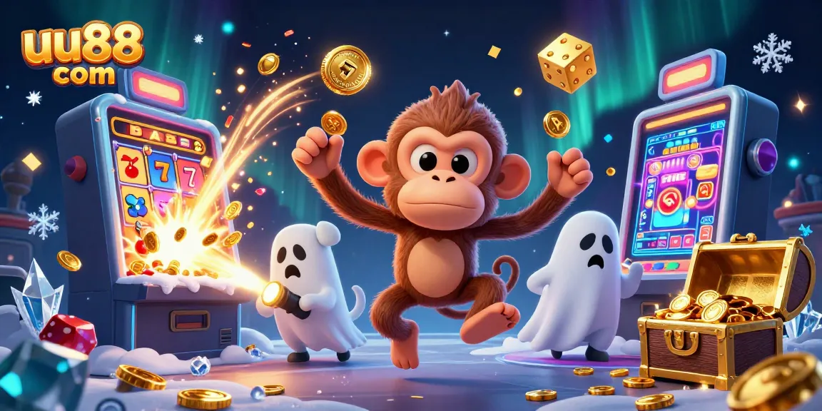 Experience thrilling wins at uu88 com with 3D cartoon monkey juggling coins in a vibrant casino scene.
