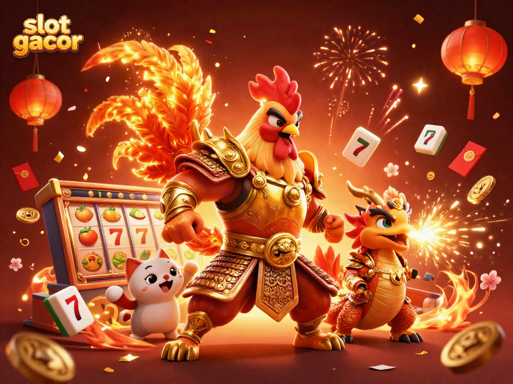 Gali kesenangan dengan slot gacor dan simbol beruntung dalam ilustrasi 3D penuh warna.