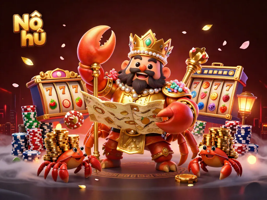 Nổ hũ reveals a golden crab emperor enjoying rich slot gameplay surrounded by vibrant casino elements.
