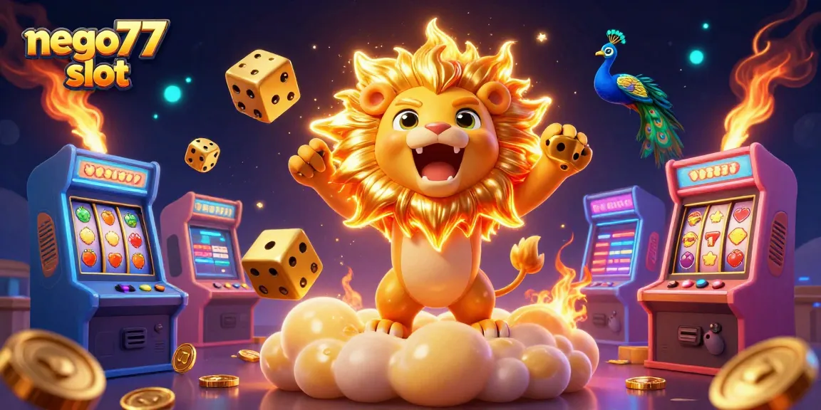 Engage with nego77 slot featuring a roaring lion and dynamic dice in vibrant 3D casino artwork.