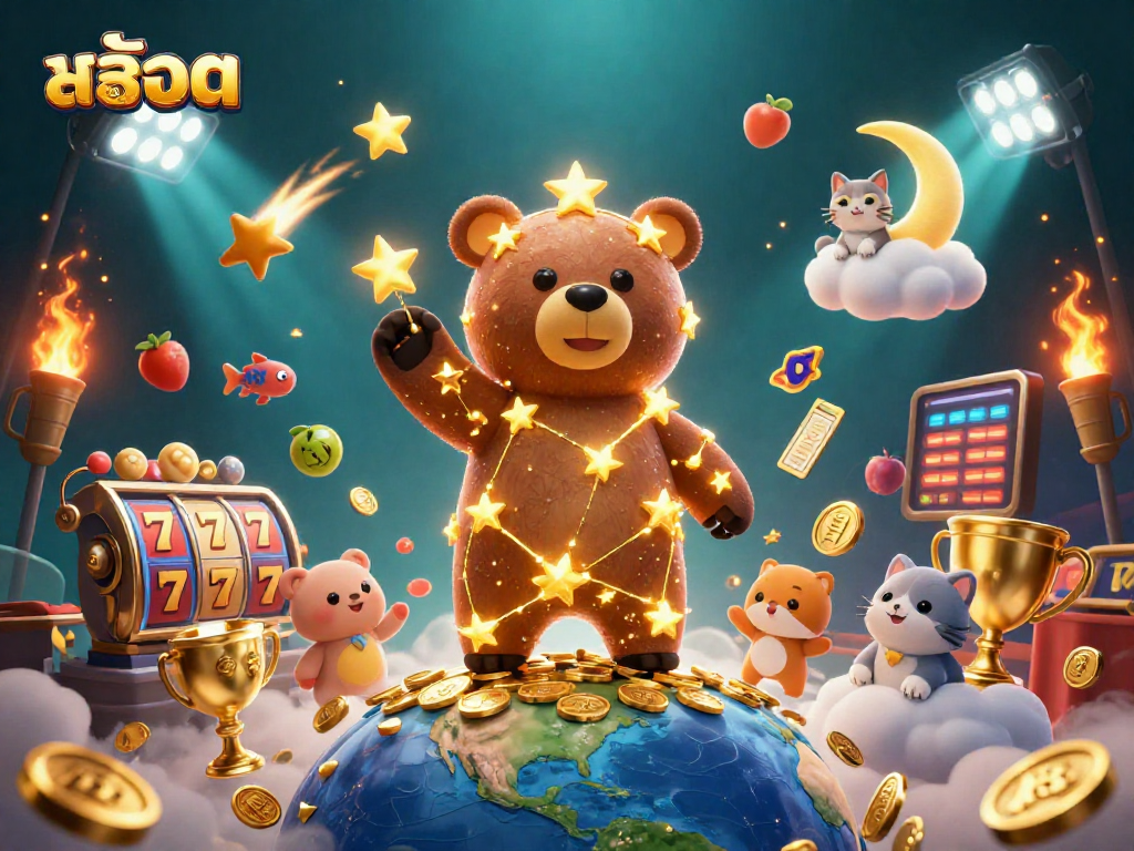 Experience exciting สล็อต gameplay with our vibrant and rich 3D illustration featuring slot reels and golden stars.