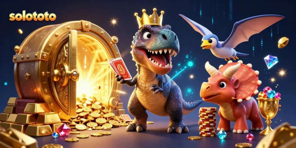 Solototo menampilkan T-Rex ramah bermain kartu, triceratops menjulang chip emas, dan efek bernyala yang menarik.