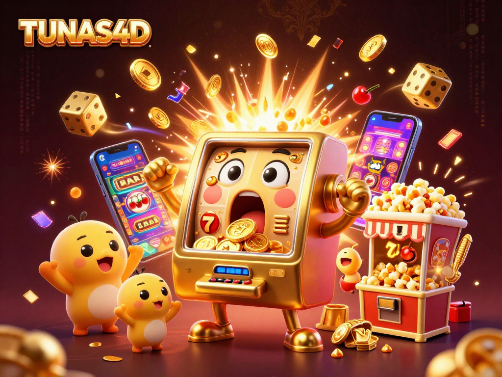 TUNAS4D's exciting slot experience comes alive as the golden slot machine wins a jackpot amidst cheering baby slots.