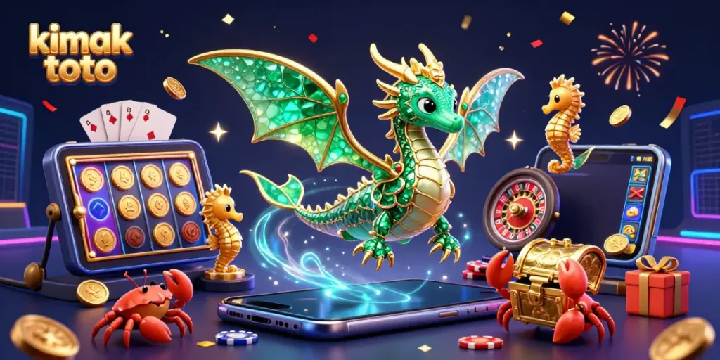 Engage with kimak toto through vibrant illustrations of slots, gems, and fantasy elements.