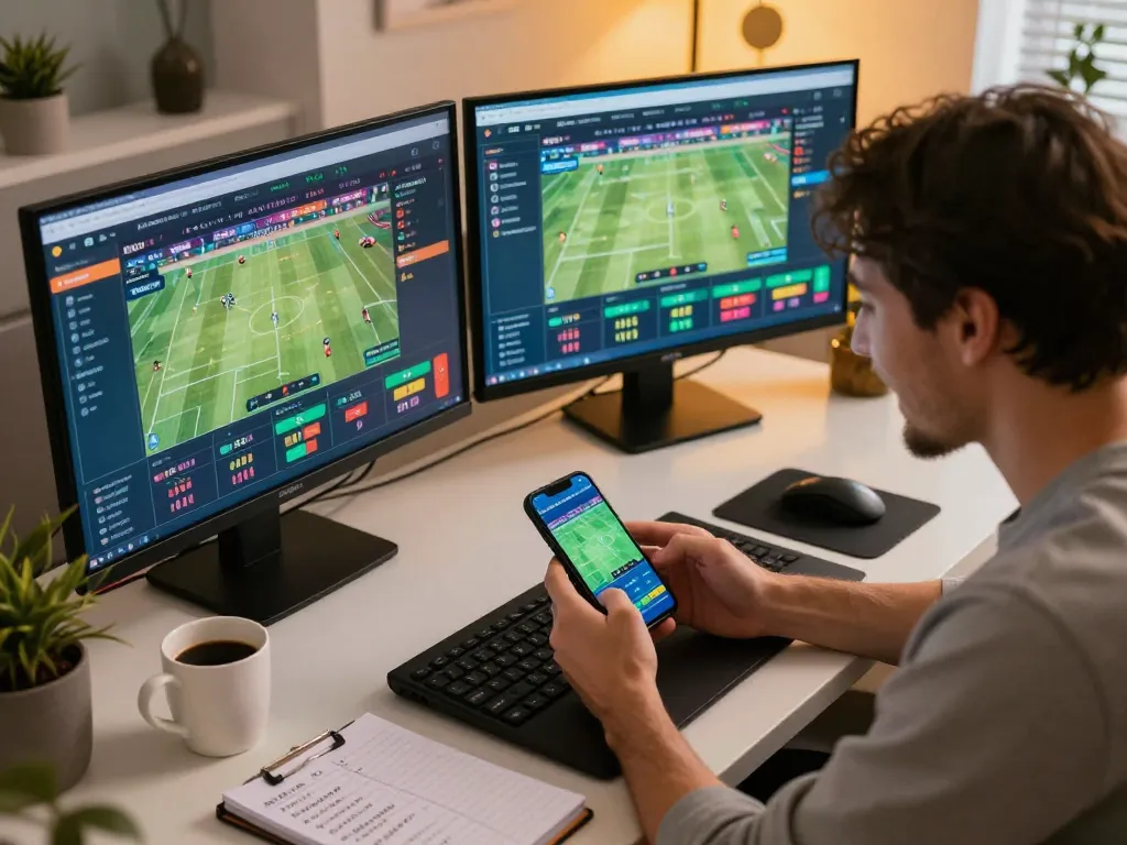 Engaging in real-time sports betting with 78win on multiple devices, showcasing excitement and strategy.