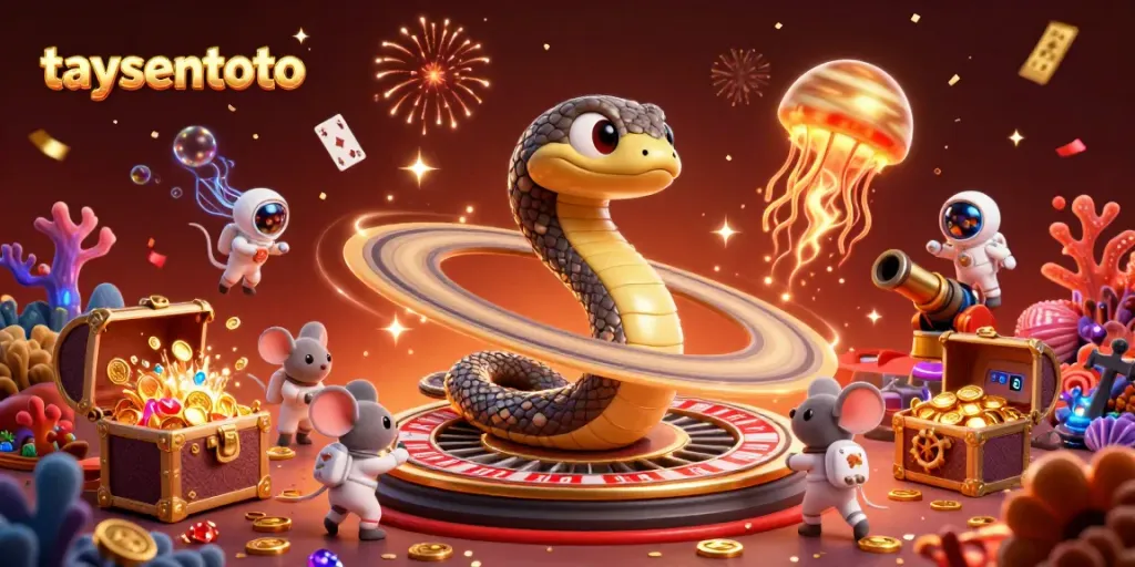 Ilustrasi 3D taysentoto dengan ular Saturnus dan astronaut tikus beraksi di meja roulette.