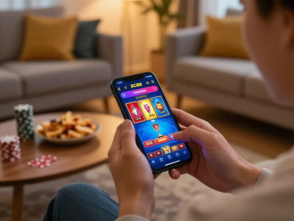 Playing the SC88 app on a smartphone in a cozy setting, highlighting mobile gaming excitement