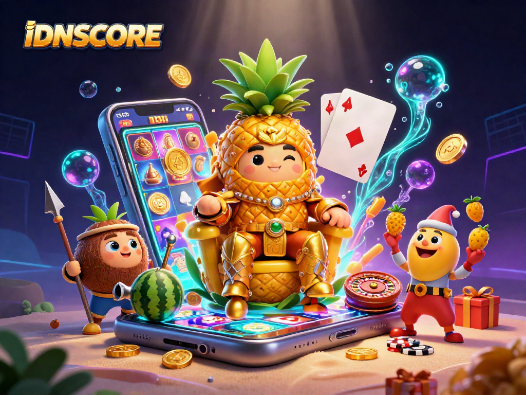 Engage in winning strategies at IDNSCORE with the pineapple king and vibrant casino elements!