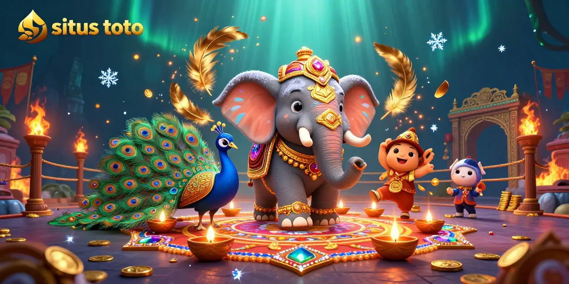 Menggambarkan situs toto dengan karakter gajah tema Diwali yang berhiaskan emas dan angsa berwarna cerah, dikelilingi oleh koin emas dan lentera.