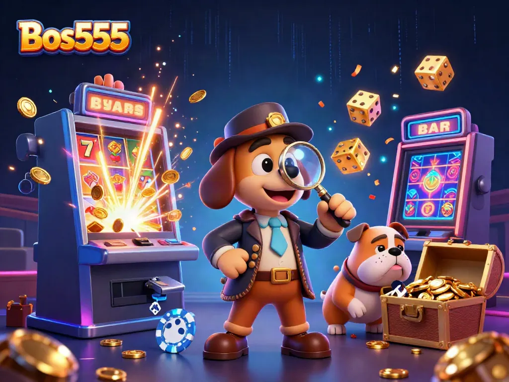 Gambaran menyenangkan tentang Bos555 dengan detektif dan anjing, meriah dengan jackpot slot.