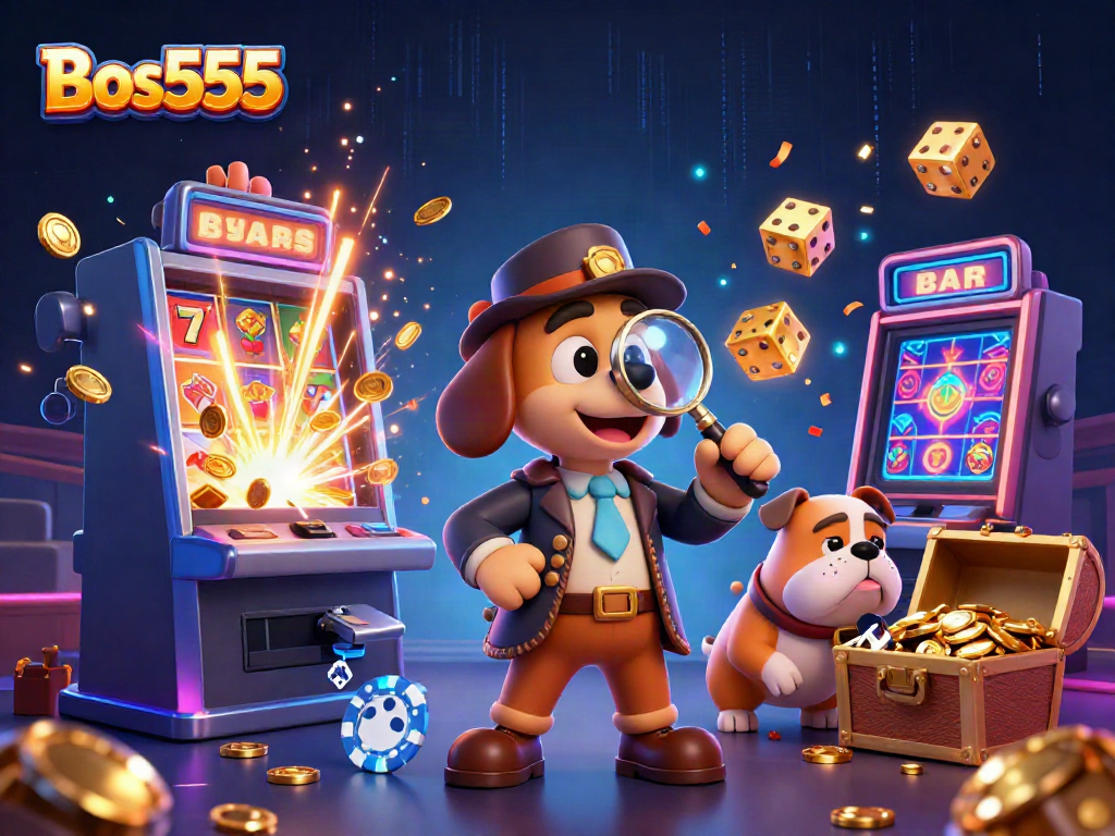Gambaran menyenangkan tentang Bos555 dengan detektif dan anjing, meriah dengan jackpot slot.