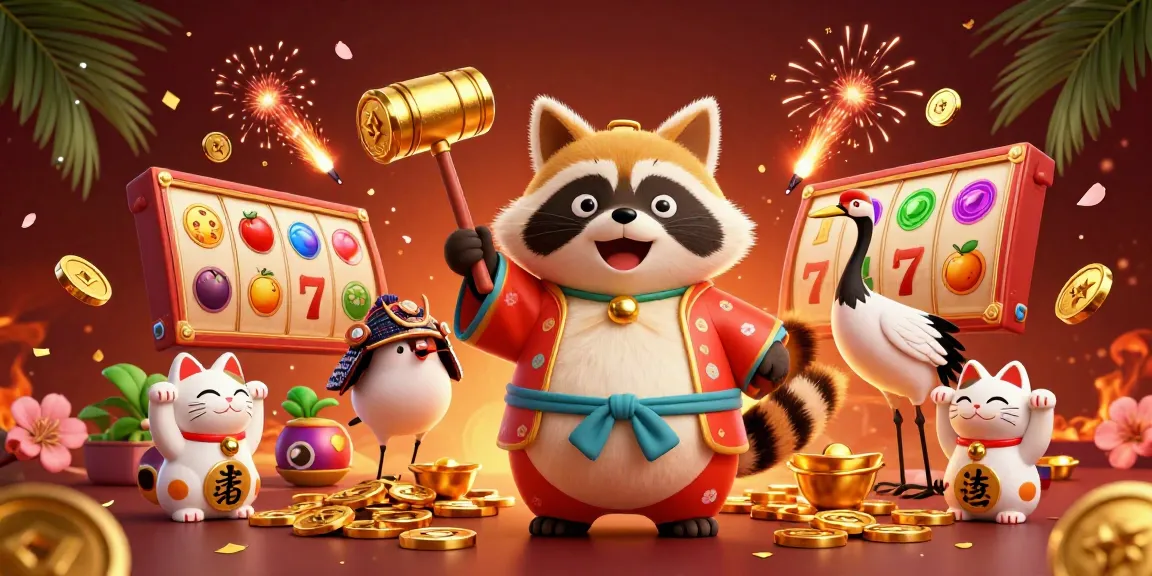 Menangkan slot dengan keberuntungan dari tanuki gembira dan untuk cat fortune di latar belakang.