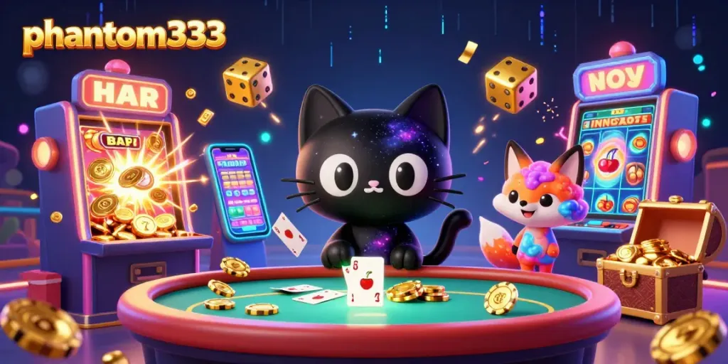 Experience thrilling gameplay with phantom333 as the cosmic cat pulls in golden chips and cards at the vibrant casino table