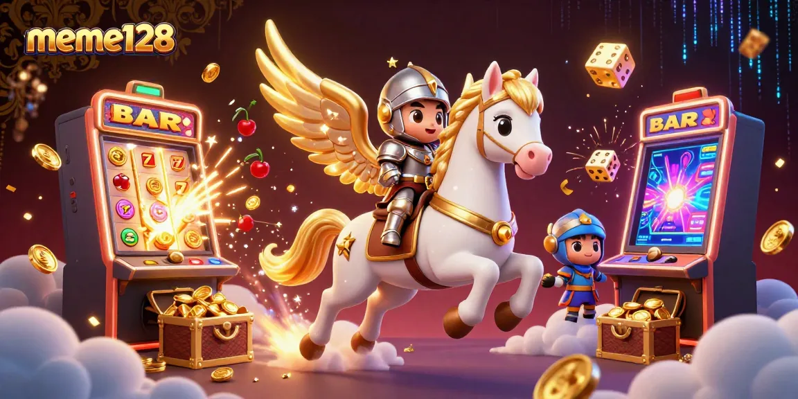 Win big with meme128 at thrilling slots and exciting games featured in this vibrant illustration.