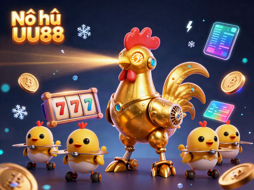 Nổ hũ UU88 showcases a vibrant scene of a golden rooster robot amidst slot games and crypto coins.