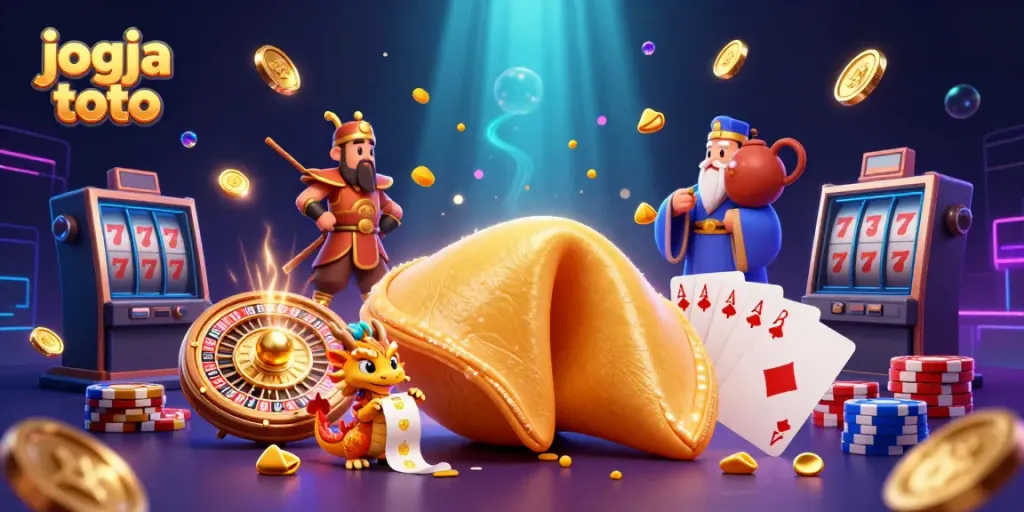 Play thrilling games at Jogja Toto with a whimsical illustration of fortune and excitement.