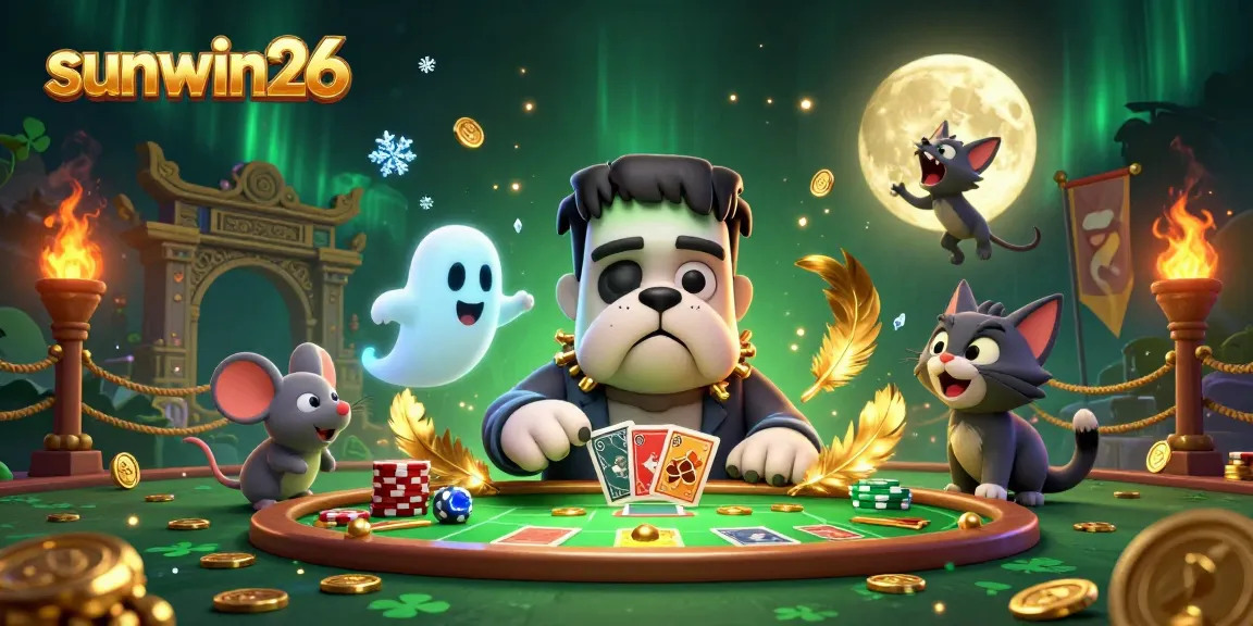 Experience sunwin26 with a thrilling 3D scene of a Frankenstein bulldog dealing cards