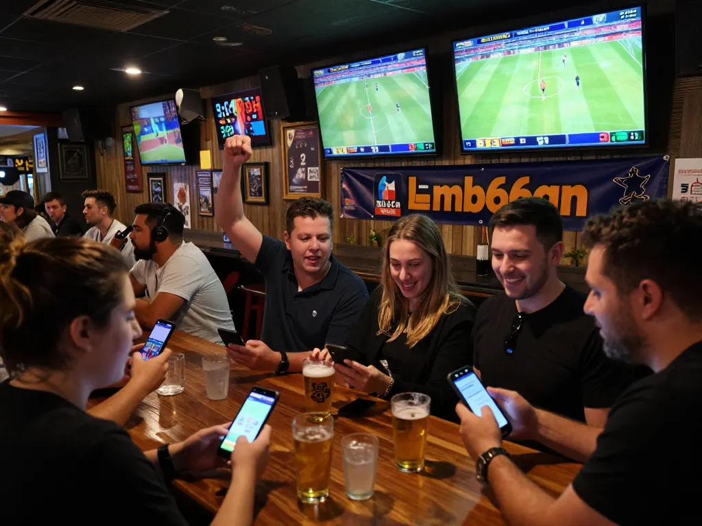 People passionately placing bets on mb66an while enjoying live sports at a vibrant bar.