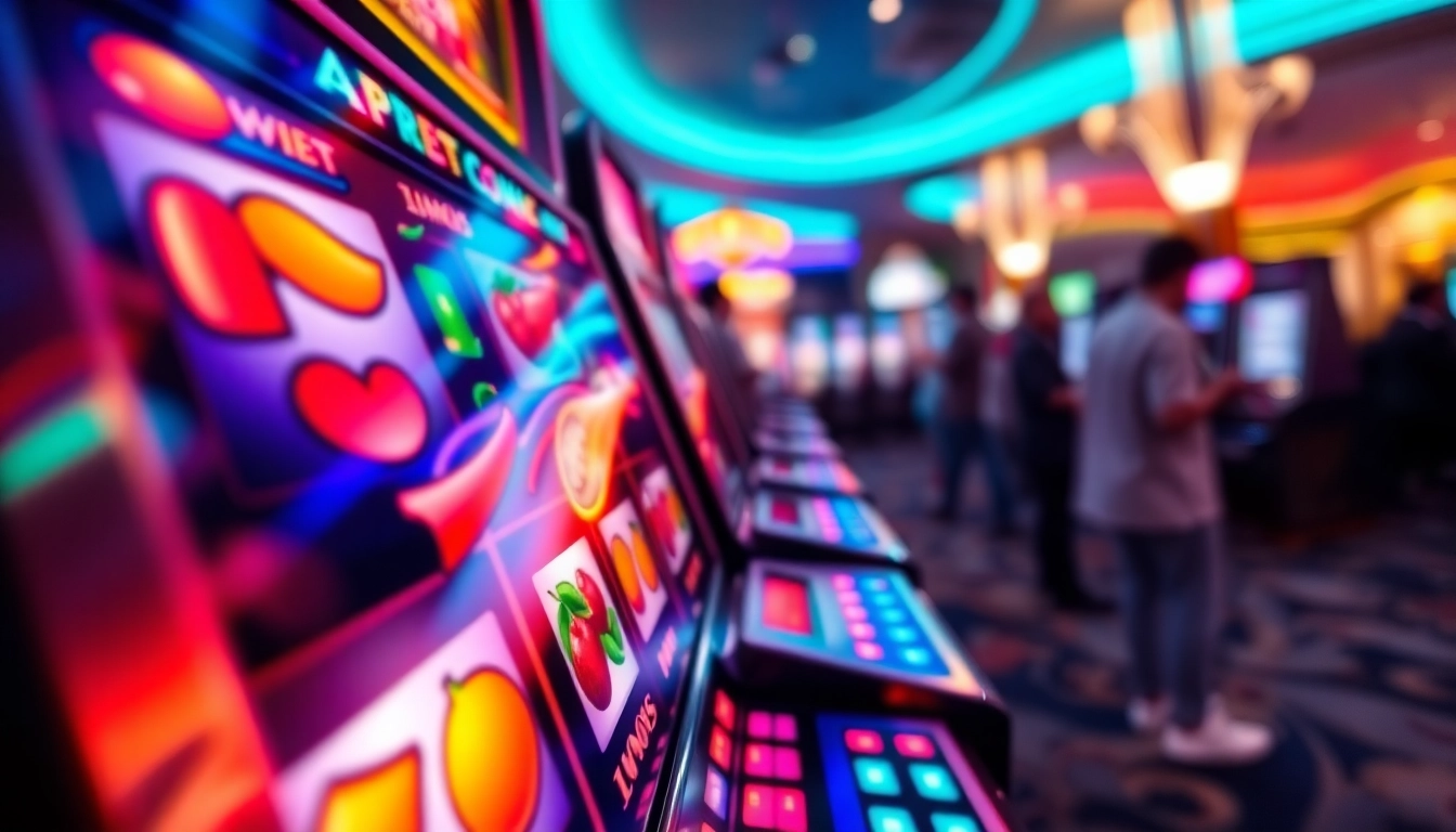 Menang di slot mesin permainan kasino yang colorfull dan ceria penuh simbol.