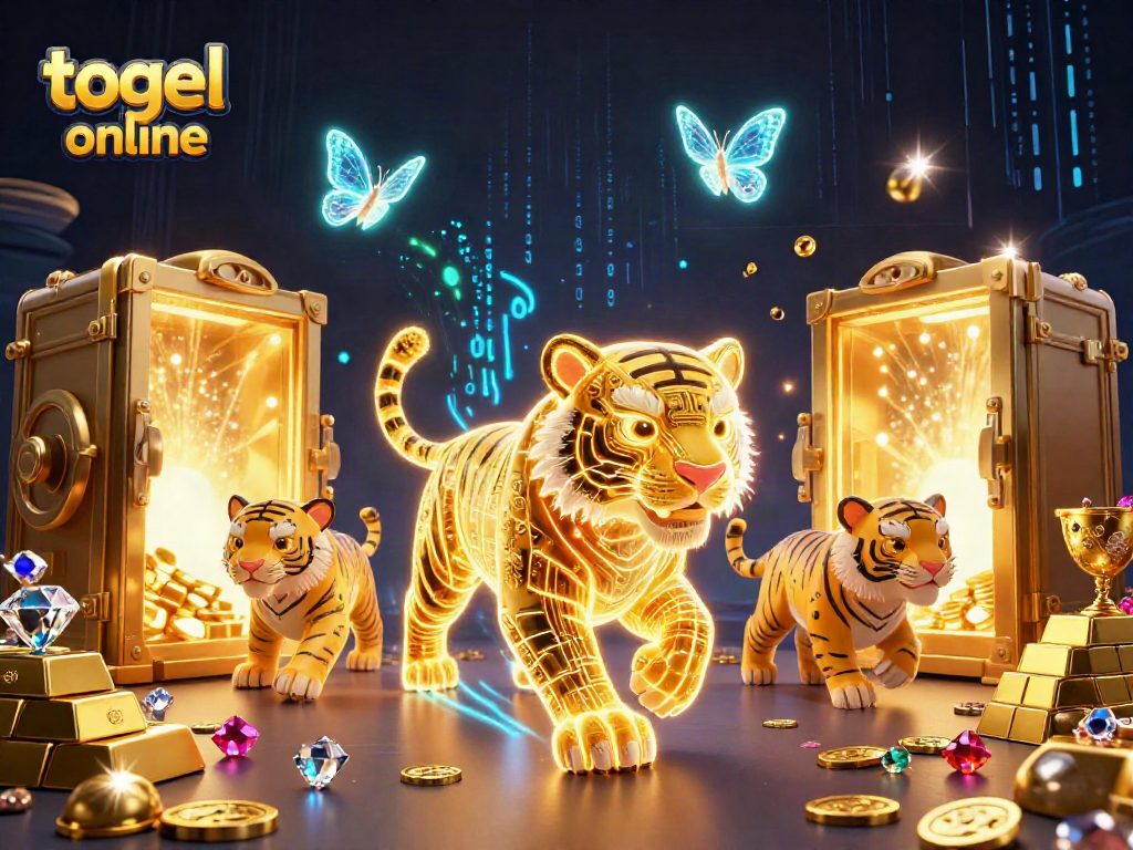 Mengakses togel online melalui ilustrasi kasino digital dengan harimau emas berenergi dan teman kupu-kupu holografik.