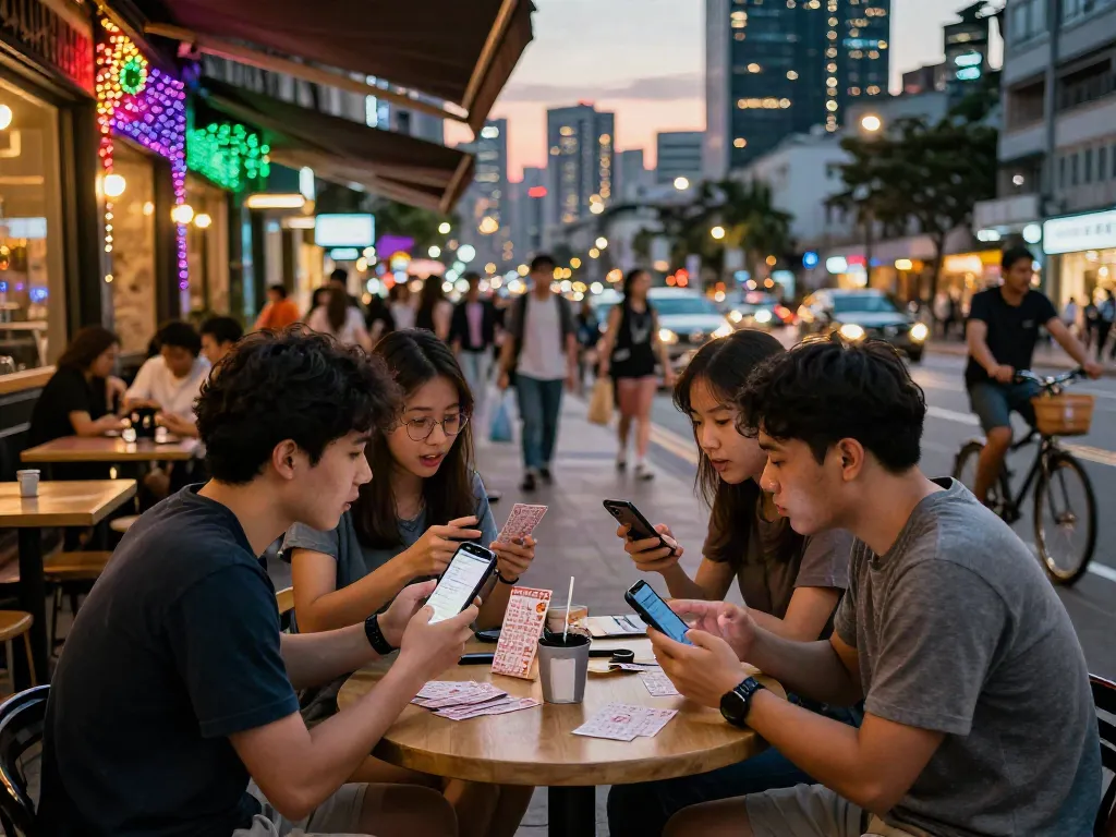 Hasil Toto Macau 4D sedang dibahas oleh sekelompok teman di kafe kota dengan suasana ceria.