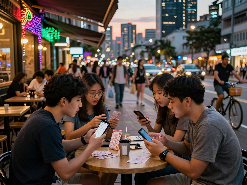 Hasil Toto Macau 4D sedang dibahas oleh sekelompok teman di kafe kota dengan suasana ceria.